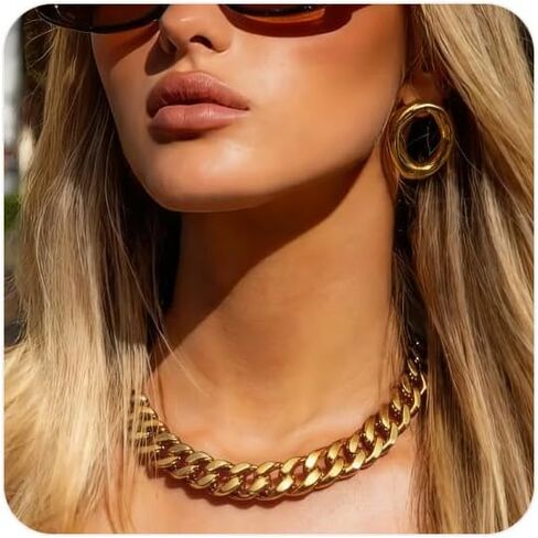 FEEL STYLE Chunky Gold Necklace for Women - 14K Gold Plated 10mm/14mm Cuban Link Chain & 8mm O-Link Chunky Necklace Fashion Jewelry Adjustable in Saudi Arabia