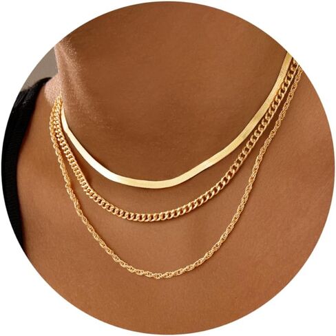 Doreenamoris Layered Necklaces for Women,Dainty Gold Necklace for Women Trendy 14K Gold Plated Necklace Set Stack Cuban Link Paperclip Chain Herringbone Jewelry Gifts 3Pcs in Saudi Arabia