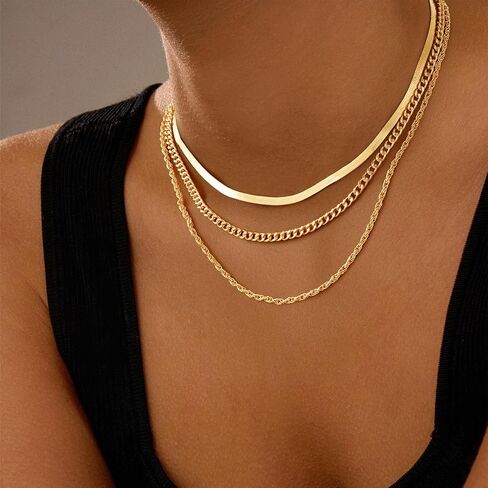 Doreenamoris Layered Necklaces for Women,Dainty Gold Necklace for Women Trendy 14K Gold Plated Necklace Set Stack Cuban Link Paperclip Chain Herringbone Jewelry Gifts 3Pcs in Saudi Arabia