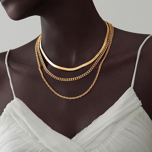 Doreenamoris Layered Necklaces for Women,Dainty Gold Necklace for Women Trendy 14K Gold Plated Necklace Set Stack Cuban Link Paperclip Chain Herringbone Jewelry Gifts 3Pcs in Saudi Arabia