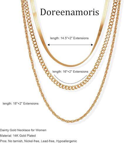 Doreenamoris Layered Necklaces for Women,Dainty Gold Necklace for Women Trendy 14K Gold Plated Necklace Set Stack Cuban Link Paperclip Chain Herringbone Jewelry Gifts 3Pcs in Saudi Arabia