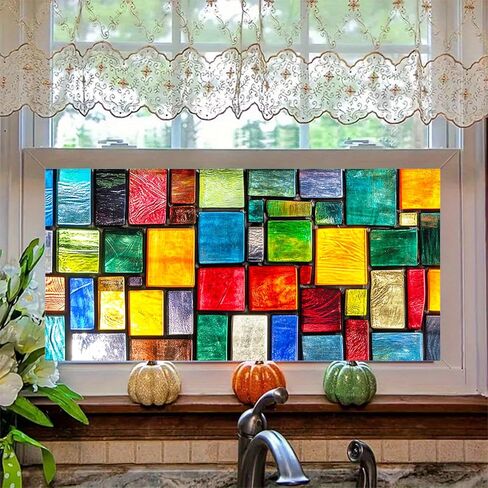 Stained Glass Window Film 39.3x17.7 Inch Colorful Mosaic Windows Cling Privacy Glass Sticker Static Decorative Window Film No Glue UV Blocking for Kitchen Bathroom Front Door in Saudi Arabia