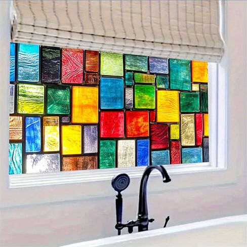 Stained Glass Window Film 39.3x17.7 Inch Colorful Mosaic Windows Cling Privacy Glass Sticker Static Decorative Window Film No Glue UV Blocking for Kitchen Bathroom Front Door in Saudi Arabia
