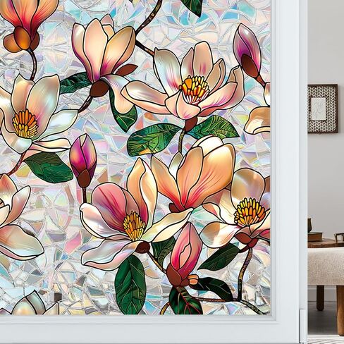 Floral Window Privacy Film, Stained Glass Static Cling with Rainbow Prismatic Pattern for Home Office Car Bathroom Windows Glass Door (Magnolia-B, 16.9in*39.3in) in Saudi Arabia