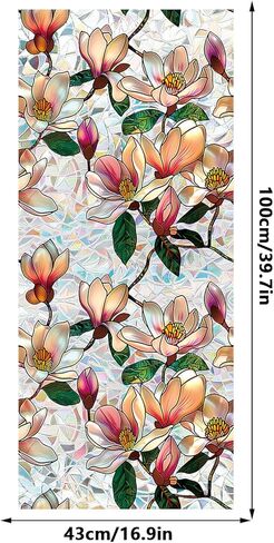 Floral Window Privacy Film, Stained Glass Static Cling with Rainbow Prismatic Pattern for Home Office Car Bathroom Windows Glass Door (Magnolia-B, 16.9in*39.3in) in Saudi Arabia