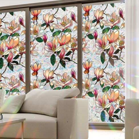 Floral Window Privacy Film, Stained Glass Static Cling with Rainbow Prismatic Pattern for Home Office Car Bathroom Windows Glass Door (Magnolia-B, 16.9in*39.3in) in Saudi Arabia