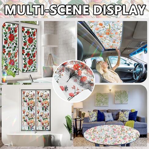 Floral Window Privacy Film, Stained Glass Static Cling with Rainbow Prismatic Pattern for Home Office Car Bathroom Windows Glass Door (Magnolia-B, 16.9in*39.3in) in Saudi Arabia