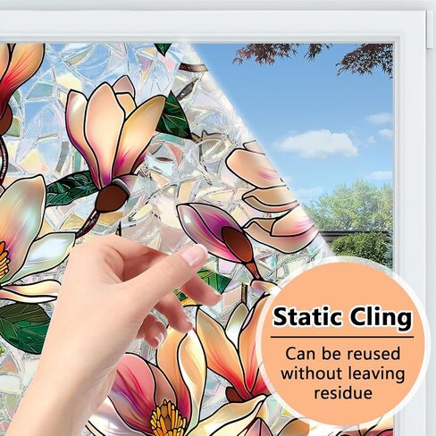 Floral Window Privacy Film, Stained Glass Static Cling with Rainbow Prismatic Pattern for Home Office Car Bathroom Windows Glass Door (Magnolia-B, 16.9in*39.3in) in Saudi Arabia