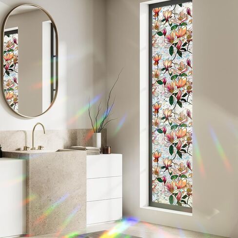 Floral Window Privacy Film, Stained Glass Static Cling with Rainbow Prismatic Pattern for Home Office Car Bathroom Windows Glass Door (Magnolia-B, 16.9in*39.3in) in Saudi Arabia