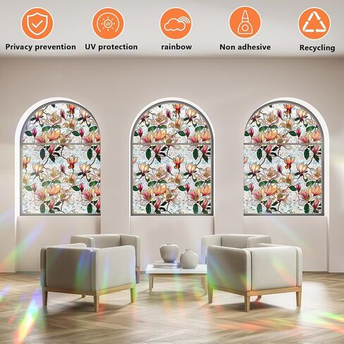 Floral Window Privacy Film, Stained Glass Static Cling with Rainbow Prismatic Pattern for Home Office Car Bathroom Windows Glass Door (Magnolia-B, 16.9in*39.3in) in Saudi Arabia