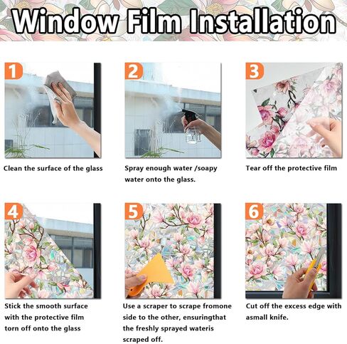 Floral Window Privacy Film, Stained Glass Static Cling with Rainbow Prismatic Pattern for Home Office Car Bathroom Windows Glass Door (Magnolia-B, 16.9in*39.3in) in Saudi Arabia