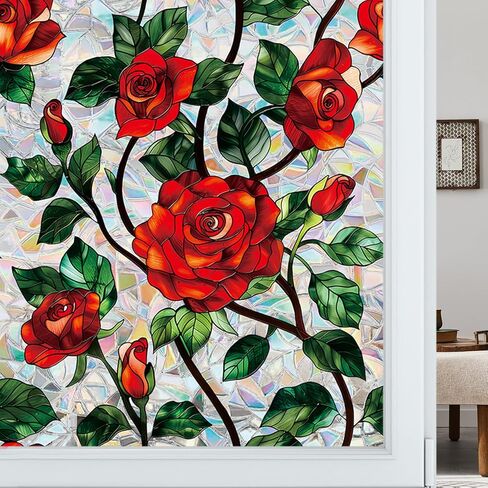 Floral Window Privacy Film, Stained Glass Static Cling with Rainbow Prismatic Pattern for Home Office Car Bathroom Windows Glass Door (Magnolia-B, 16.9in*39.3in) in Saudi Arabia