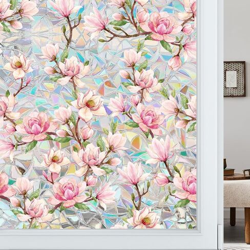 Floral Window Privacy Film, Stained Glass Static Cling with Rainbow Prismatic Pattern for Home Office Car Bathroom Windows Glass Door (Magnolia-B, 16.9in*39.3in) in Saudi Arabia