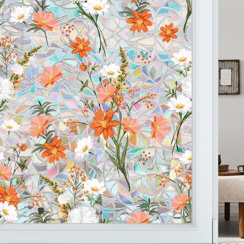 Floral Window Privacy Film, Stained Glass Static Cling with Rainbow Prismatic Pattern for Home Office Car Bathroom Windows Glass Door (Magnolia-B, 16.9in*39.3in) in Saudi Arabia