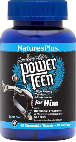 NaturesPlus Power Teen for Him - 60 قرصًا قابلاً للمضغ، التوت البري - فيتامينات متعددة عالية الفعالية في سن المراهقة - خالي من السكر، نباتي، خالي من الغلوتين - 30 وجبة in Kuwait