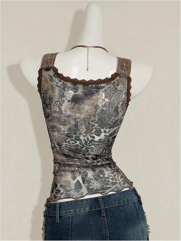بلوزة WDIRARA النسائية Boho Leopard Mesh بدون أكمام من الدانتيل ورقبة على شكل حرف V بدون أكمام، ملابس النادي الهذيان in Kuwait