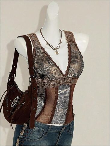 بلوزة WDIRARA النسائية Boho Leopard Mesh بدون أكمام من الدانتيل ورقبة على شكل حرف V بدون أكمام، ملابس النادي الهذيان in Kuwait