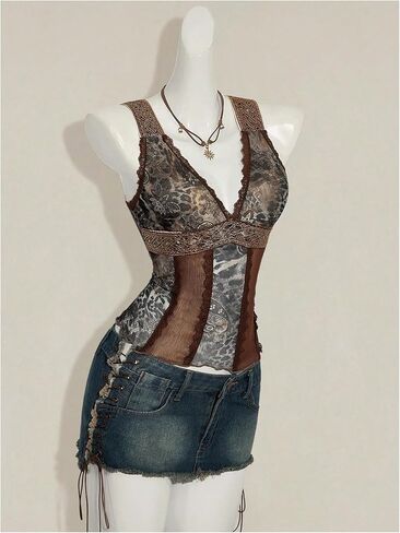 بلوزة WDIRARA النسائية Boho Leopard Mesh بدون أكمام من الدانتيل ورقبة على شكل حرف V بدون أكمام، ملابس النادي الهذيان in Kuwait
