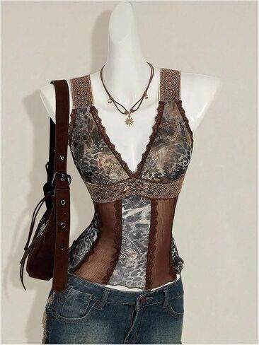 بلوزة WDIRARA النسائية Boho Leopard Mesh بدون أكمام من الدانتيل ورقبة على شكل حرف V بدون أكمام، ملابس النادي الهذيان in Kuwait