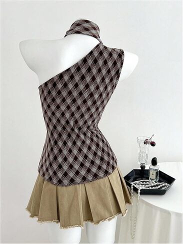 MakeMeChic Women's Plaid Off The Shoulder Tank Sleeveless Fitted Y2k Tops with Scarf in Saudi Arabia