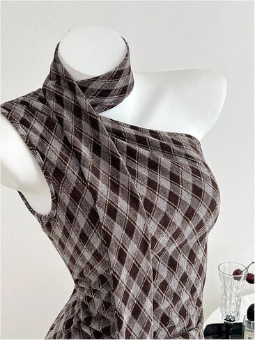 MakeMeChic Women's Plaid Off The Shoulder Tank Sleeveless Fitted Y2k Tops with Scarf in Saudi Arabia