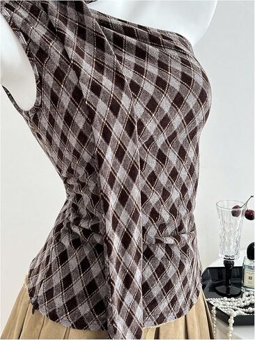 MakeMeChic Women's Plaid Off The Shoulder Tank Sleeveless Fitted Y2k Tops with Scarf in Saudi Arabia