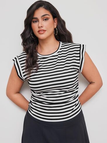 CIDER Plus Size Tops for Women Crew Neck Striped Ruched Sleeveless Cotton Curve & Plus Size Tank Tops in Saudi Arabia