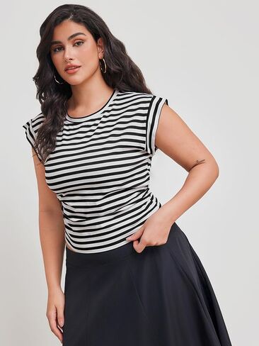 CIDER Plus Size Tops for Women Crew Neck Striped Ruched Sleeveless Cotton Curve & Plus Size Tank Tops in Saudi Arabia