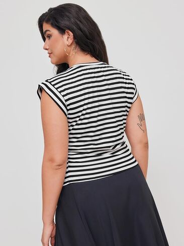 CIDER Plus Size Tops for Women Crew Neck Striped Ruched Sleeveless Cotton Curve & Plus Size Tank Tops in Saudi Arabia