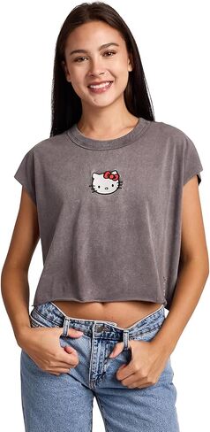 Hello Kitty Embroidered Character Face Women's Black Ram Hem Cropped Tank in Saudi Arabia