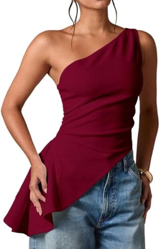 Women One Off Shoulder Tank Top Trendy Slim Fit Asymmetrical Ruffle Hem Sleeveless Ruched Going Out Cami Shirt in Saudi Arabia