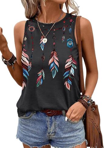 SHEWIN Womens Tank Tops Feather Print Graphic Crewneck Sleeveless Summer Tops Loose Fit Vacation Beach in Saudi Arabia