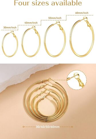 4/6 Pairs Gold Silver Hoop Earrings for Women 14K Gold Plated Hypoallergenic 2mm Thin Hoops Stainless Steel Lightweight Dangle Set 30/40/50/60mm in Saudi Arabia