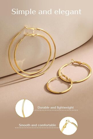 4/6 Pairs Gold Silver Hoop Earrings for Women 14K Gold Plated Hypoallergenic 2mm Thin Hoops Stainless Steel Lightweight Dangle Set 30/40/50/60mm in Saudi Arabia