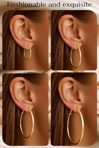 4/6 Pairs Gold Silver Hoop Earrings for Women 14K Gold Plated Hypoallergenic 2mm Thin Hoops Stainless Steel Lightweight Dangle Set 30/40/50/60mm in Saudi Arabia