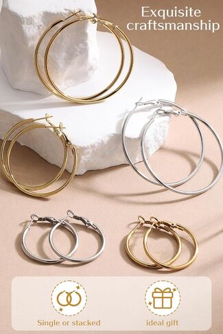 4/6 Pairs Gold Silver Hoop Earrings for Women 14K Gold Plated Hypoallergenic 2mm Thin Hoops Stainless Steel Lightweight Dangle Set 30/40/50/60mm in Saudi Arabia