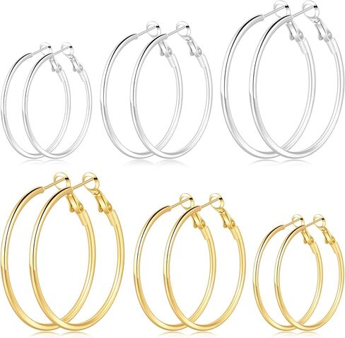 4/6 Pairs Gold Silver Hoop Earrings for Women 14K Gold Plated Hypoallergenic 2mm Thin Hoops Stainless Steel Lightweight Dangle Set 30/40/50/60mm in Saudi Arabia