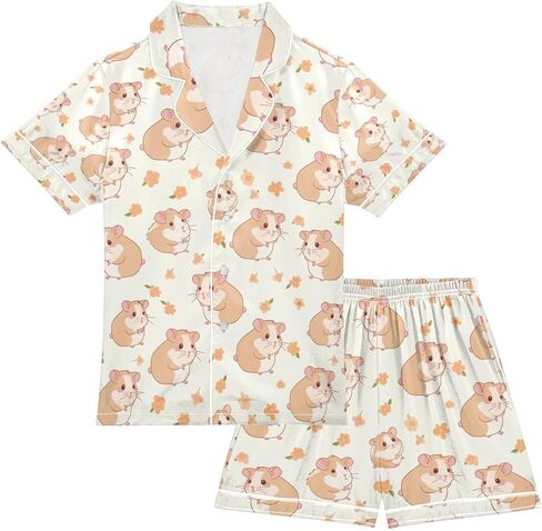 senya Daisy Green Hamster Satin Summer Pajama Sets Silk Short Sleeve Button Down Sleepwear in Saudi Arabia