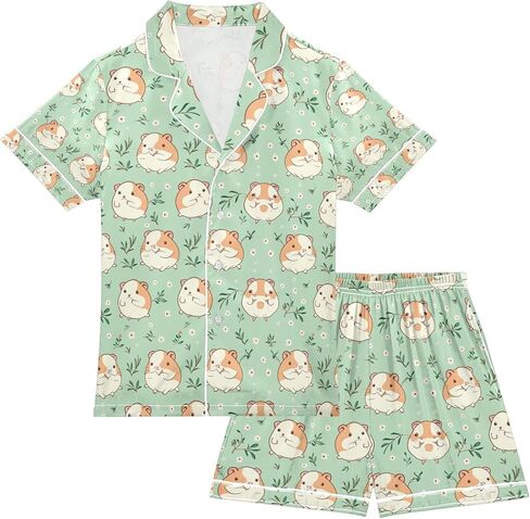 senya Daisy Green Hamster Satin Summer Pajama Sets Silk Short Sleeve Button Down Sleepwear in Saudi Arabia
