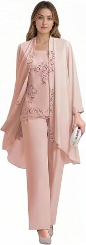 أنيقة 3 قطعة أم العروس بانت الدعاوى طويلة الأكمام الشيفون النساء Pantsuit الزفاف الرسمي ضيف مساء الزي in Kuwait