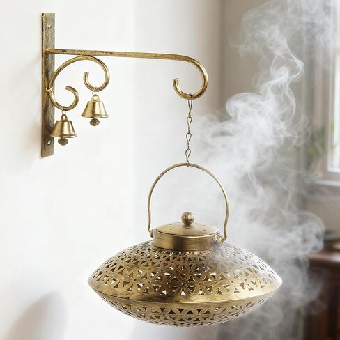 Lotoo Hanging Incense Burner, Cone Incense Holder with Brass Bells, Vintage Antique Home Room Wall Decor for House Warming Spiritual Reiki Yoga Meditation Gifts for Women Men in Saudi Arabia