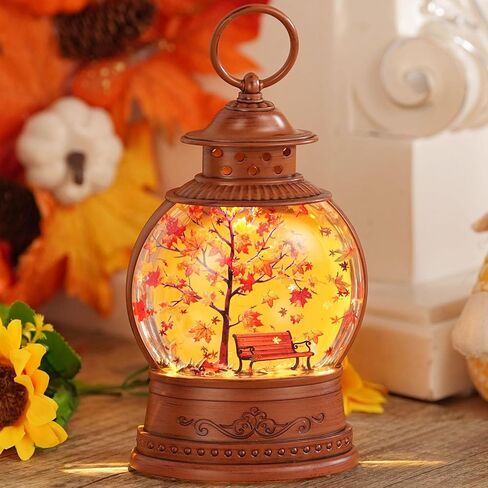 Fall Snow Globe Lantern Fall Decorations for Home Lighted Autumn Thanksgiving Decor with 6H Timer Maple Leaf Bench Scene Glitter Snows Globes, USB/Battery Operated in Saudi Arabia