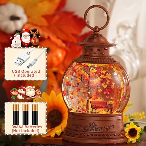 Fall Snow Globe Lantern Fall Decorations for Home Lighted Autumn Thanksgiving Decor with 6H Timer Maple Leaf Bench Scene Glitter Snows Globes, USB/Battery Operated in Saudi Arabia