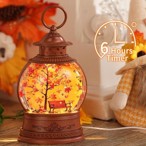 Fall Snow Globe Lantern Fall Decorations for Home Lighted Autumn Thanksgiving Decor with 6H Timer Maple Leaf Bench Scene Glitter Snows Globes, USB/Battery Operated in Saudi Arabia