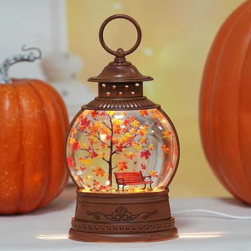 Fall Snow Globe Lantern Fall Decorations for Home Lighted Autumn Thanksgiving Decor with 6H Timer Maple Leaf Bench Scene Glitter Snows Globes, USB/Battery Operated in Saudi Arabia