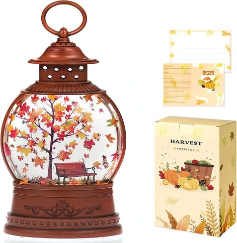 Fall Snow Globe Lantern Fall Decorations for Home Lighted Autumn Thanksgiving Decor with 6H Timer Maple Leaf Bench Scene Glitter Snows Globes, USB/Battery Operated in Saudi Arabia