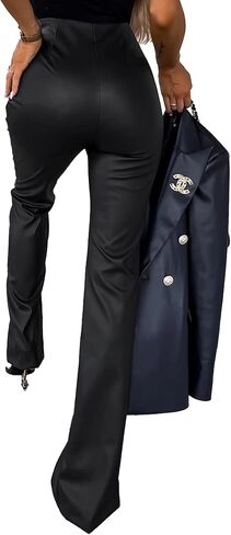 SEMATOMALA Women's Faux Leather Slit Hem Flare Pants High Waisted Full Length Sexy Elegant Bell Bottom Moto Leggings in Saudi Arabia