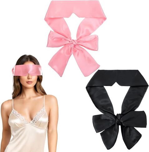 2 Pcs Soft Silk Blindfold for Adult Couples, Satin Blind Folds for Adult Play, Adjustable Blindfold for Party Games, 59 Inch V-Shaped Blackout Sleep Mask for Women Men Gift (Black, Pink) in Saudi Arabia