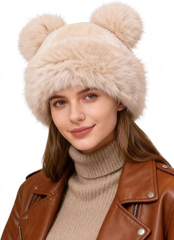 Women's Winter Faux Fur Hat - Warm Furry Beanie with Pom Pom Fisherman Cap Casual Trendy Mongolian Hat Skiing Cap in Saudi Arabia