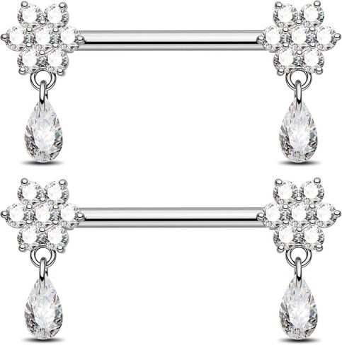 Jewseen G23 Implant Grade Titanium Nipple Rings 14G Internally Threaded Dangle Nipple Piercing jewelry Flower Nipple Barbell for Women in Saudi Arabia